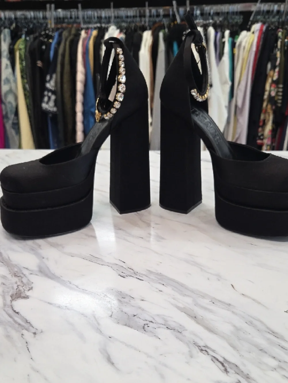 Versace Black Suede Platform Pumps with Crystal Ankle Strap